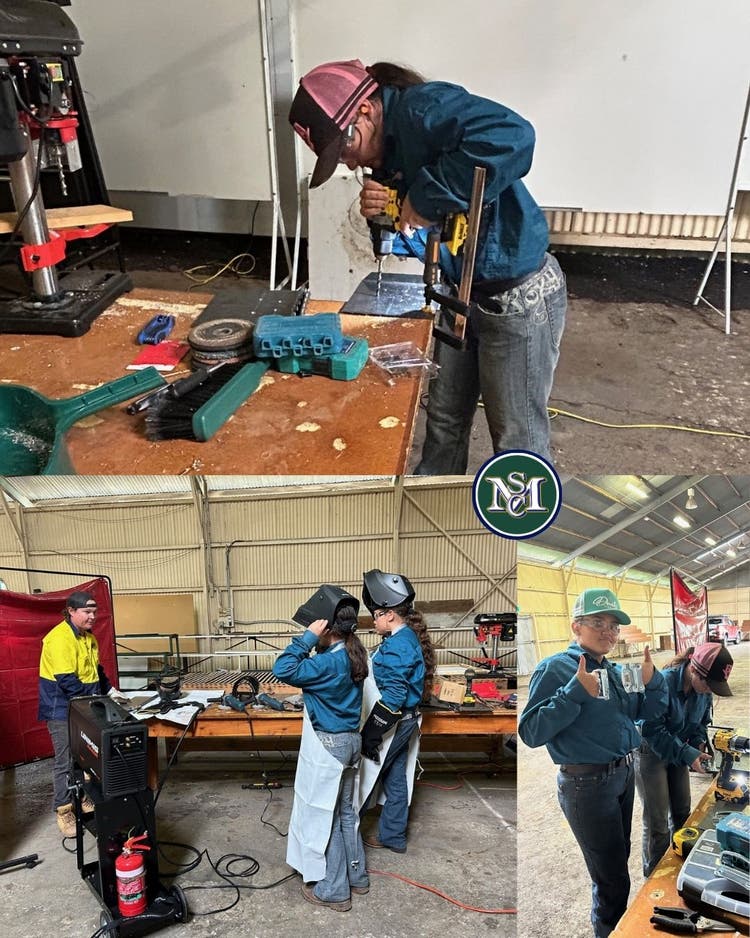 Students using tools in a workshop